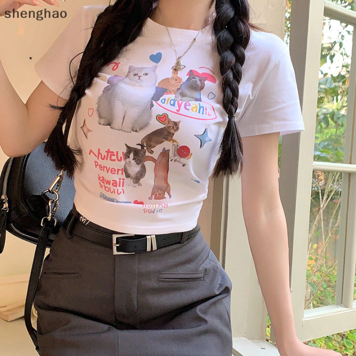 shenghao-เสื้อยืดแขนสั้นพิมพ์ลายแมวน่ารักฤดูร้อนเสื้อครอปเข้ารูปคอกลมสำหรับผู้หญิงย้อนยุคอเมริกัน