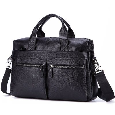 Black Men Genuine Leather Handbags Large Leather 14" Laptop Messenger Bags Business Mens Travel Bags Shoulder Bags Briefcase