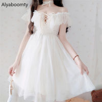 Lolita Style Summer Women Princess Dress Slash Neck Hollow Out Ruffles Apricot Blue Dress Cute Kawaii Tulle Fairy Party Dresses