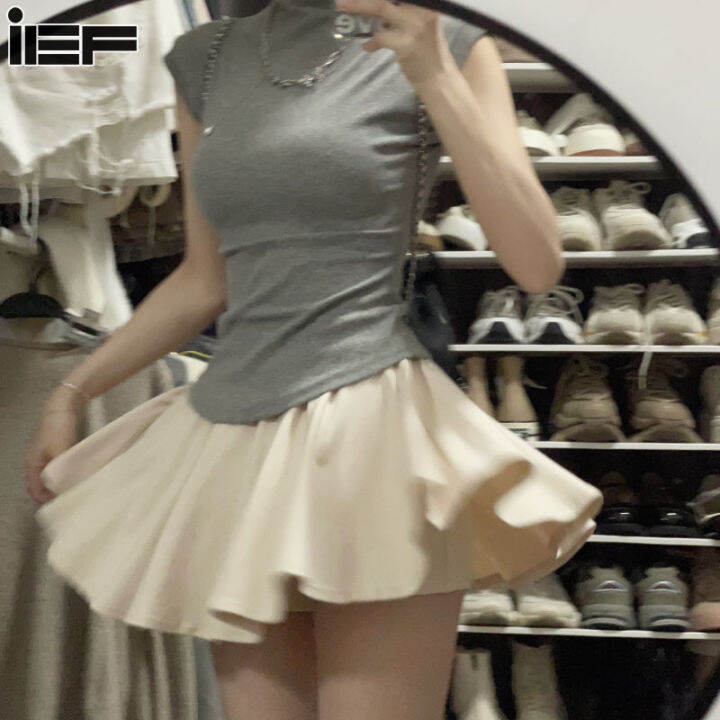 IEF All-match retro half-length beige anti-light pleated skirt