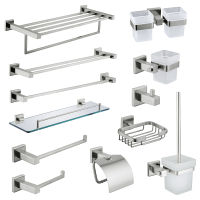 Stainless Steel Brushed Nickel Towel Bar Rack Square Toilet Paper Holder Towel Bar Hook Toothbrush Holder Bathroom Accessories