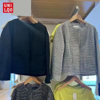 Uniqlo Flagship Uniqlo Womens Autumn Tweed Collarless Short Raw Edge Coat Top Loose Jacket C462182