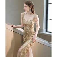 Golden dress for dinner Fishtail Evening Dress 2023 New Elegant Elegant Lady Host Banquet Party Party H268