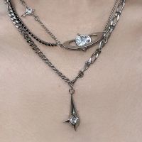 ☈ Korean Fashion Double Layer Cross Heart Crystal Pendent Necklace For Women Metal Chain Stitching Clavicle Charm Jewelry Gift