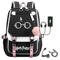 Harry Potter พิมพ์ลายแฮร์รี่พอตเตอร์ USB กระเป๋าเป้สะพายหลัง กระเป๋านักเรียนลำลองสำหรับนักเรียนมัธยมต้น