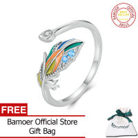 BAMOER แหวนเปิด925เงินสเตอร์ลิงขนนกเคลือบสีสันสดใสสำหรับผู้หญิงแหวนแบบปรับขนาดได้ CZ สำหรับ BSR469เครื่องประดับอย่างดี