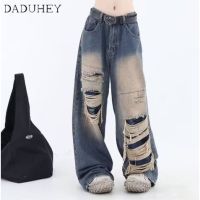 DaDuHey Mens and Womens 2023 New Hong Kong Style Retro High Waist Loose All-Match Ripped Jeans Ins Hip Hop Trend Baggy Straight Casual Pants