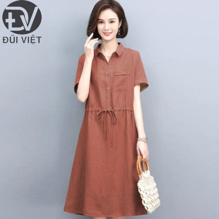 Đầm váy linen nữ cổ sơ mi form suông, eo có dây rút, phong cách ...