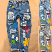 Women Ripped Jeans 2020 Fashion Sweet High Waist Flower Print Trousers with Pockets Casual Style Bottoms Teen Girls Denim Pant
