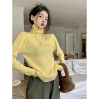 original Uniqlo NEW Egg yellow inner pile collar long-sleeved sweater womens autumn 2023 new elastic slim-fit bottoming shirt top