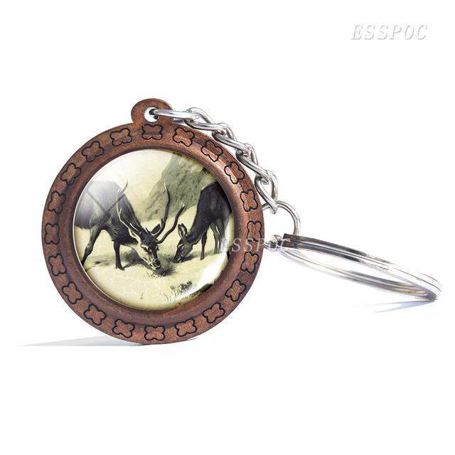 yf-deer-wooden-keychain-glass-cabochon-jewelry-women-men-vintage-animal-pendant-black-and-white-elk-key-chain-christmas-gifts