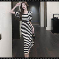 WX Summer S New Striped Contrasting Color Lazy Style High-End Slimming Mid-Waist Slit Square-Neck Dress