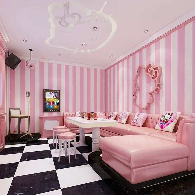 Princess pink cute girl warm bedroom pink striped wallpaper modern hotel  corridor background home decoration wallpaper | Lazada
