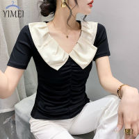 YIMEI เสื้อยืดสีดำบางเฉียบเข้ารูปพอดีสำหรับผู้หญิง,เสื้อยืดผู้หญิงคอวีแขนสั้นเสื้อตุ๊กตา2023ฤดูร้อนใหม่