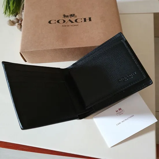 F75399 Compact ID Coach Men’s Slim Wallet Varsity Stripe Print in Smooth Calf Leather Bifold