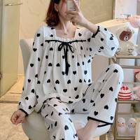 Plus Size 5XL 150KG Autumn Pajamas Set Hearted Print Women Pyjamas Sleepwear Pijama Mujer Large Long Sleeve and Pants Homewear