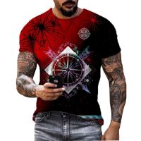 Vintage Mens T-shirt Summer Short Sleeve O-neck 3D Compass Print Top Tee Shirt Oversized Mens Clothing Casual Streetwear