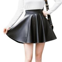 INDJXND High Waist Faux Leather Mini Skirt Casual Above Knee Solid Color Black PU Pleated Fashion Shiny Clothes Dropshipping