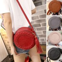 New Womens Bag Trendy Womens Shoulder Bag Solid Color Woven Tassel Small Round Bag Messenger Bag Fashion Makeup Coin Purse