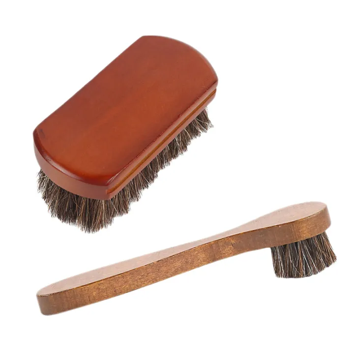 2Pc Shoe Polish Brush Long Wood Handle Bristle Horse Hair Brush Set