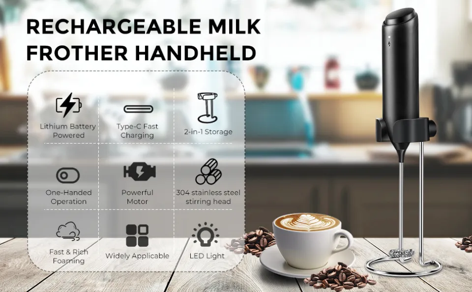 Rechargeable Milk Frother Handheld, Coffee Frother Handheld Rechargeable with USB C Integrated Charging Stand, Electric Drink Mixer Handheld, Mini