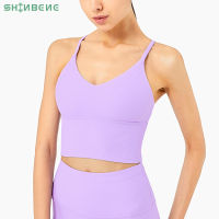 SHINBENE RIBBED Sexy V-Neck Fitness Gym Athletic Crop Top Bra Women Naked Feel Sweat-wicking Padded Workout Yoga Sport Bras Top