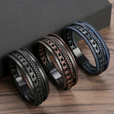 Hand-Woven Leather Bracelet 19/21/23cm Multilayer Leather Braided Rope Beading Clasp Bracelets Punk Bangle For Men Jewelry Gifts