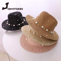 New Summer Ladies Spring Hats Flower Beads Wide Brim Jazz Panama Straw Sun Visor Beach Hat Flower Rivet Pearl Straw Hat Cap