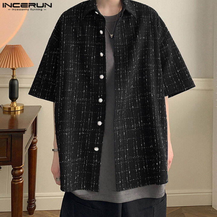 incerun-เสื้อเชิ๊ตแขนสั้นวินเทจลายทางสำหรับผู้ชายเสื้อแจ็คเก็ตติดกระดุมสำหรับปาร์ตี้-สไตล์เกาหลี