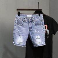 CODhan14416 Ready Stock-Summer Fashion Denim Shorts Men S Thin Korean Style Ripped Five-Point Pants Elastic