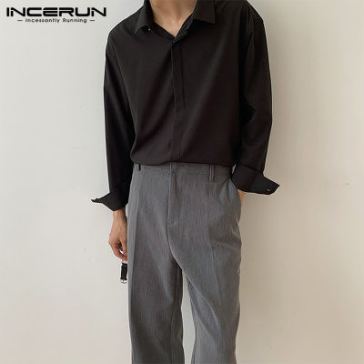 (Korea Style)  INCERUNแฟชั่นแขนยาวสำหรับผู้ชายเสื้อเชิ้ตทางการปุ่มด้านหน้าชุดเดรสปาร์ตี้เสื้อยืดวันหยุดท็อปส์