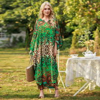 Vintage Bikini Cover-ups Plus Size Kaftan Boho Printed Summer Dress Green Cotton Tunic Women Beach Wear Swim Suit Cover Up A861