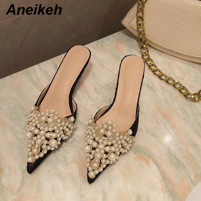 Aneikeh SpringAutumn Fashion Sexy Women Shoes Elegant String Bead Crystal Patchwork Slip-On 35-42 Thin Heels Slipper NEW 2022