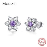 【ร้อน】 Modian ที่มีคุณภาพสูง100 925เงินสเตอร์ลิงดอกไม้สีม่วงคริสตัล S Tud E Arrings แฟชั่น CZ สำหรับผู้หญิงเครื่องประดับจัดงานแต่งงานของขวัญ