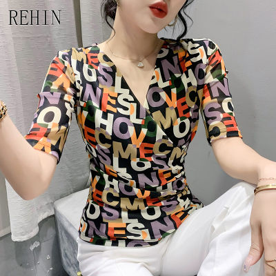 REHIN ผู้หญิงฤดูร้อนใหม่ V คอสั้นแขนเสื้อยืดตาข่ายพิมพ์แฟชั่น Slim Fit S-3XL เสื้อ Elegant