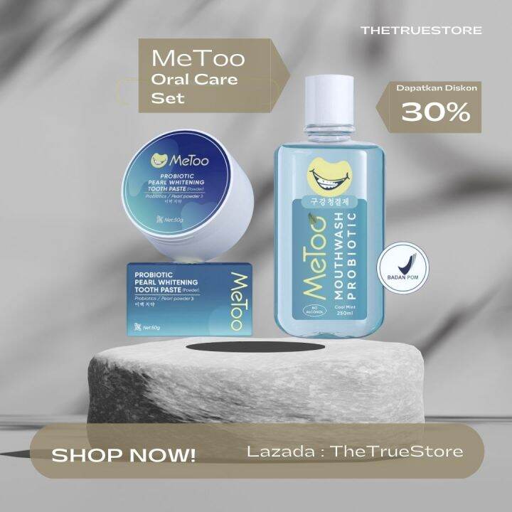 Metoo Set Pasta Gigi Bubuk + Obat Kumur Probiotik Fresh Mint Mouthwash