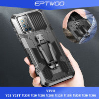 EPTWOO สำหรับ VIVO V27 V27E Y02 Y16 Y02S Y35 Y21 Y21T Y33S Y20 Y20i Y20S Y12S Y15S Y30 Y30i Y50 Y91 Y95 Y91C Y91i Y17 Y12 Y15 Y11 Y19 V25 V25E V23E V21 V21E กันกระแทกทนทาน Kickstand ฝาหลังปลอกแม่เหล็กพร้อม JJBJ-01คลิปหมุน