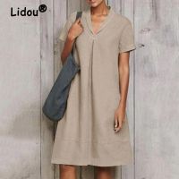 【HOT】♙№❁ Womens Clothing 2023 Streetwear V Neck Short Sleeve Loose Dresses Robe S-5XL