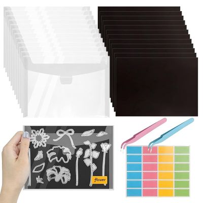12Pcs Clear Stamp and Die Storage Bag with 12Pcs Rubber Magnetic Sheets, Die Storage Set with 2Pcs Tweezers