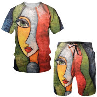 Summer 2 Piece Tracksuit Set Abstract Face Art Print Short Sleeve T-shirt+Shorts Suit MenWomen Casual Graphic Streetwear Outfit