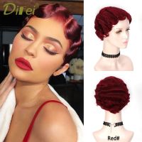 DIFEI 6 Inch Short Curly Wig Finger Wave Hair Synthetic Cosplay Heat Resistant Hair Vintage Wigs For Women Black Purple Red 613 Wig  Hair Extensions P