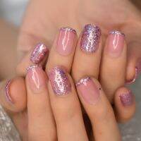 24pcs Holographic Glitter Pink Press On Nails Short Length Glossy Gel Full Cover False Nail Tips Faux Ongles Courts Femmes