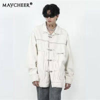 MAYCHEER   แจ็กเก็ตยีนส์แนวสตรีทของผู้ชาย,แจ็กเก็ตผ้าหยาบสไตล์ลำลองแนวสตรีทสีทึบเสื้อกันหนาวแบบสวมหัวพรีเมี่ยม