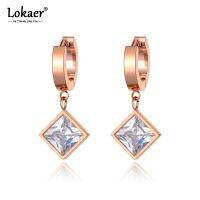 {Han เครื่องประดับ} Lokaer Bling ต่างหูห่วงคริสตัลไทเทเนียมทรงสี่เหลี่ยมต่างหูไรน์สโตนเครื่องประดับอินเทรนด์สำหรับ E20157ผู้หญิง