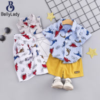 2pcs/set Boys Cotton Shirt Suit Cartoon Dinosaur Printing Short Sleeves Lapel Shirt Shorts Set【fast】