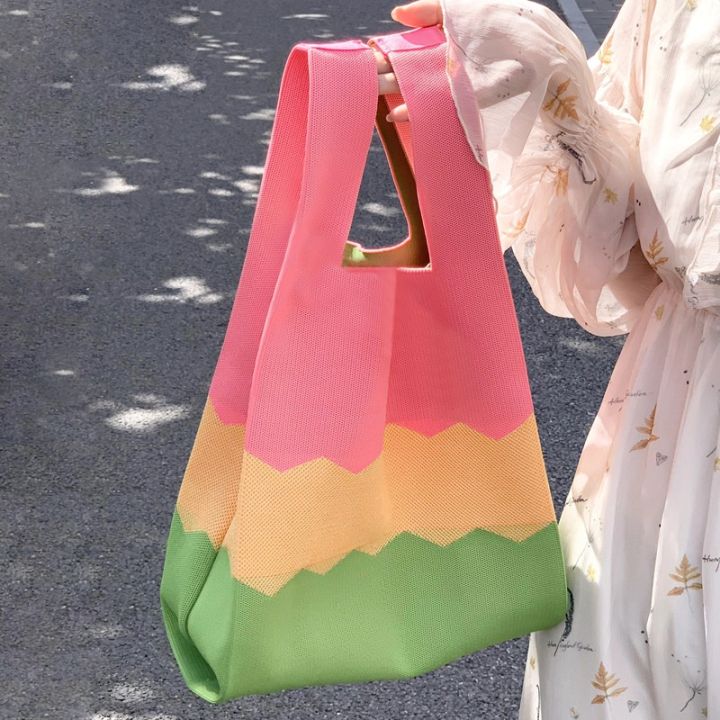candy-style-กระเป๋าถือ-กระเป๋าสะพายไหล่-กระเป๋าช้อปปิ้ง-ผ้าถัก-ลายทางน่ารัก-สีแคนดี้-ใช้ซ้ําได้-สําหรับผู้หญิง