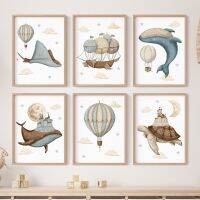 Sumanssa Charming Whale,เต่า,ปราสาท,บอลลูน Sailing Ocean Themed Nursery Wall Art โปสเตอร์และพิมพ์ภาพวาดผ้าใบภาพเหมาะสำหรับเด็กทารกตกแต่งห้อง