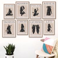 Retro 12 Zodiac Signs โปสเตอร์-Wall Art ผ้าใบพิมพ์สำหรับตกแต่งบ้าน-Gemini ราศีธนูราศีพิจิกมะเร็ง Leo Libra Virgo Aquarius