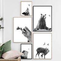 หมีน่ารัก Koala Deer Fox Bird สีดำสีขาว Nordic โปสเตอร์และพิมพ์ Wall Art ภาพวาดผ้าใบสำหรับตกแต่งห้องนั่งเล่น-คุณภาพสูงภาพผนัง