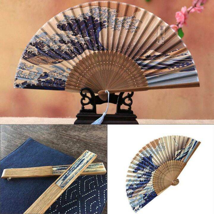 EGRT Japanese Style Silk Kanagawa Prom Home Party Hand Held Fan Folding Fan Hand Fan Wedding